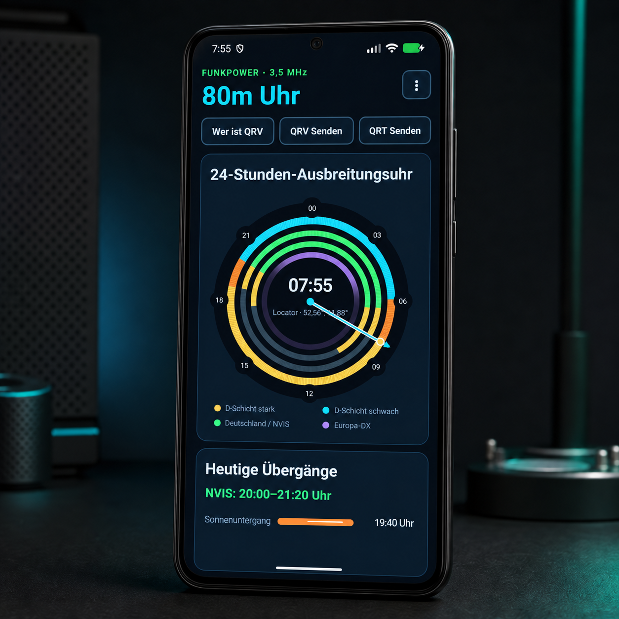 FUNKPOWER 80m-Uhr auf einem Smartphone in einer Funkstation