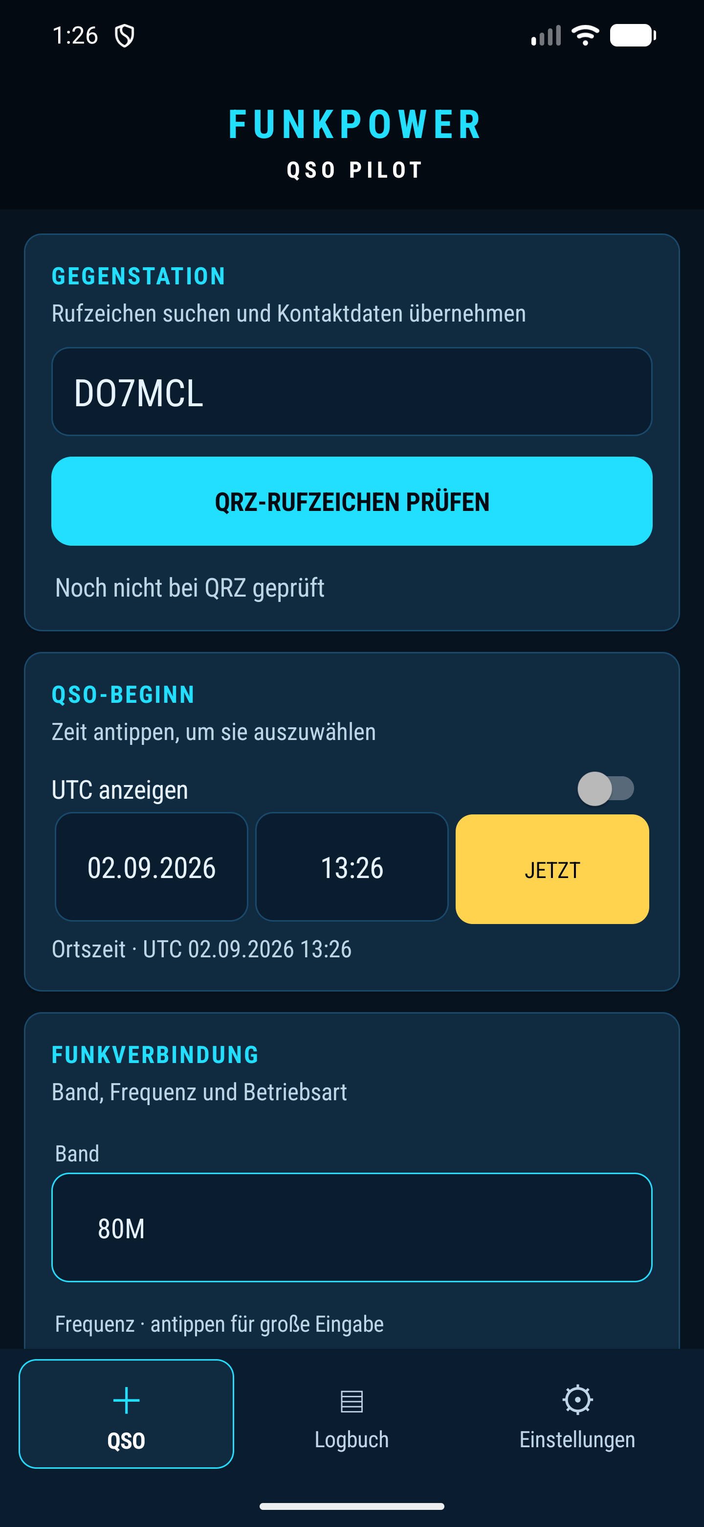 QSO-Erfassung mit DO7MCL, Zeit und Band