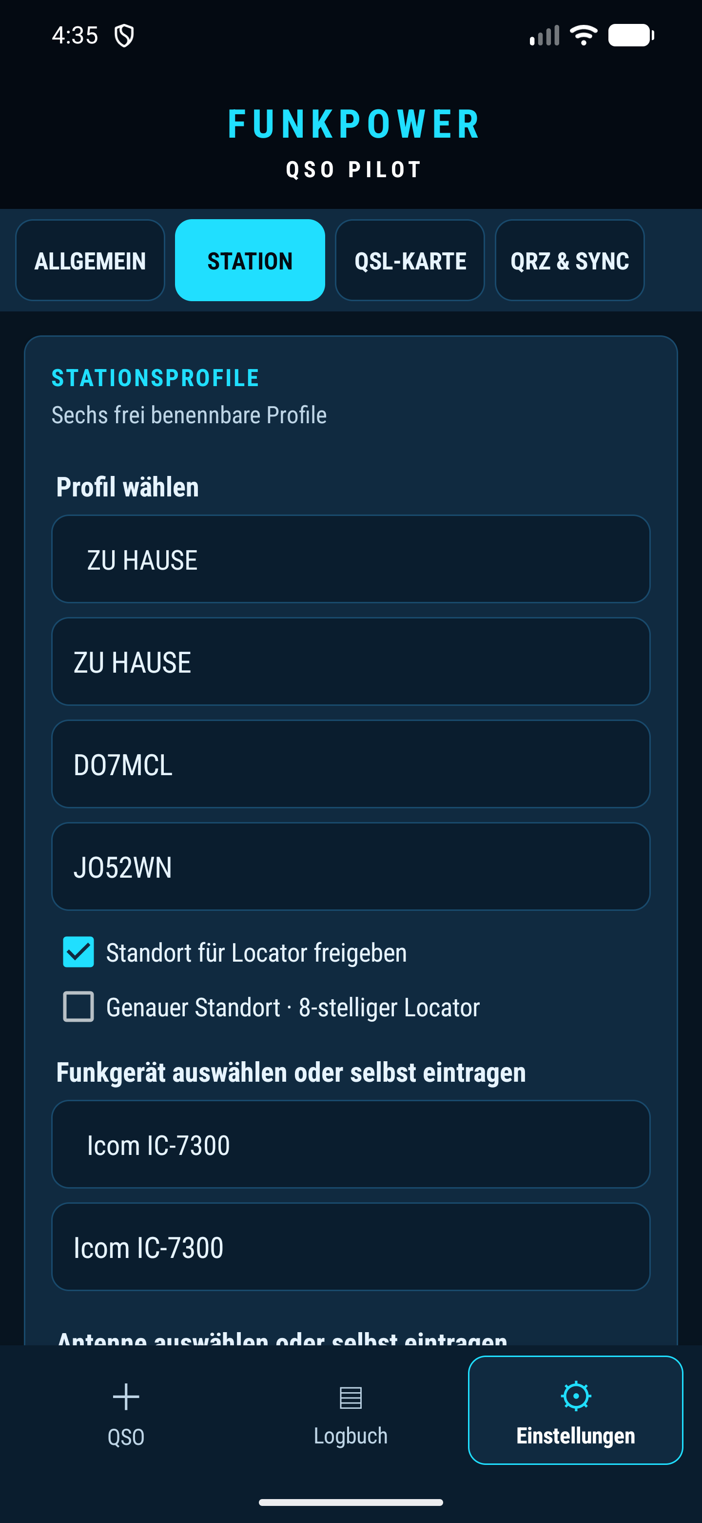 Stationsprofil mit DO7MCL, Locator, Funkgerät und Antenne